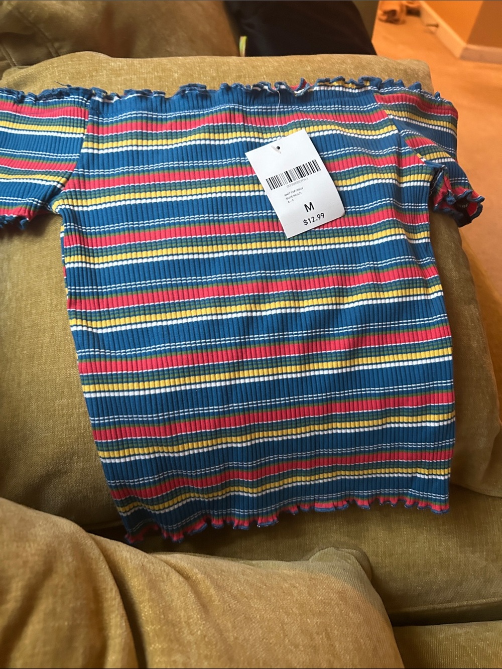 Forever 21 Off-Shoulder Ribbed Stripe Top in Blue, Red, Yellow